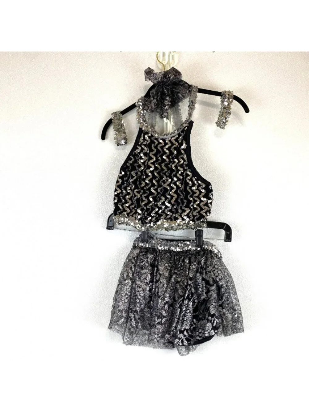 Curtain Call Girls Dance Costume Black Silver Sequin Jazz Tap Recital 3 Pc Small